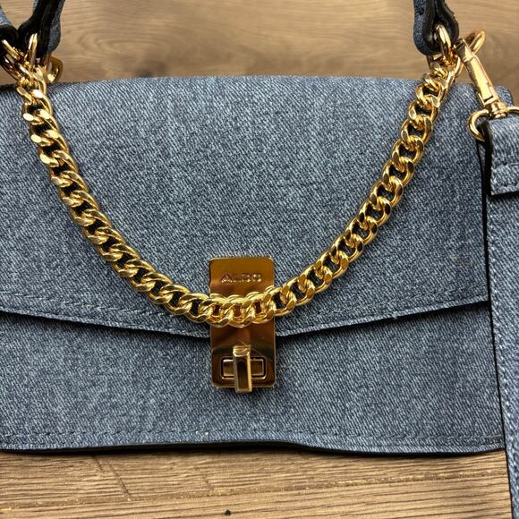 Aldo Mirama Top Handle Cross Body Bag w/ Gold Chain Blue Purse Handbag - Picture 7 of 11